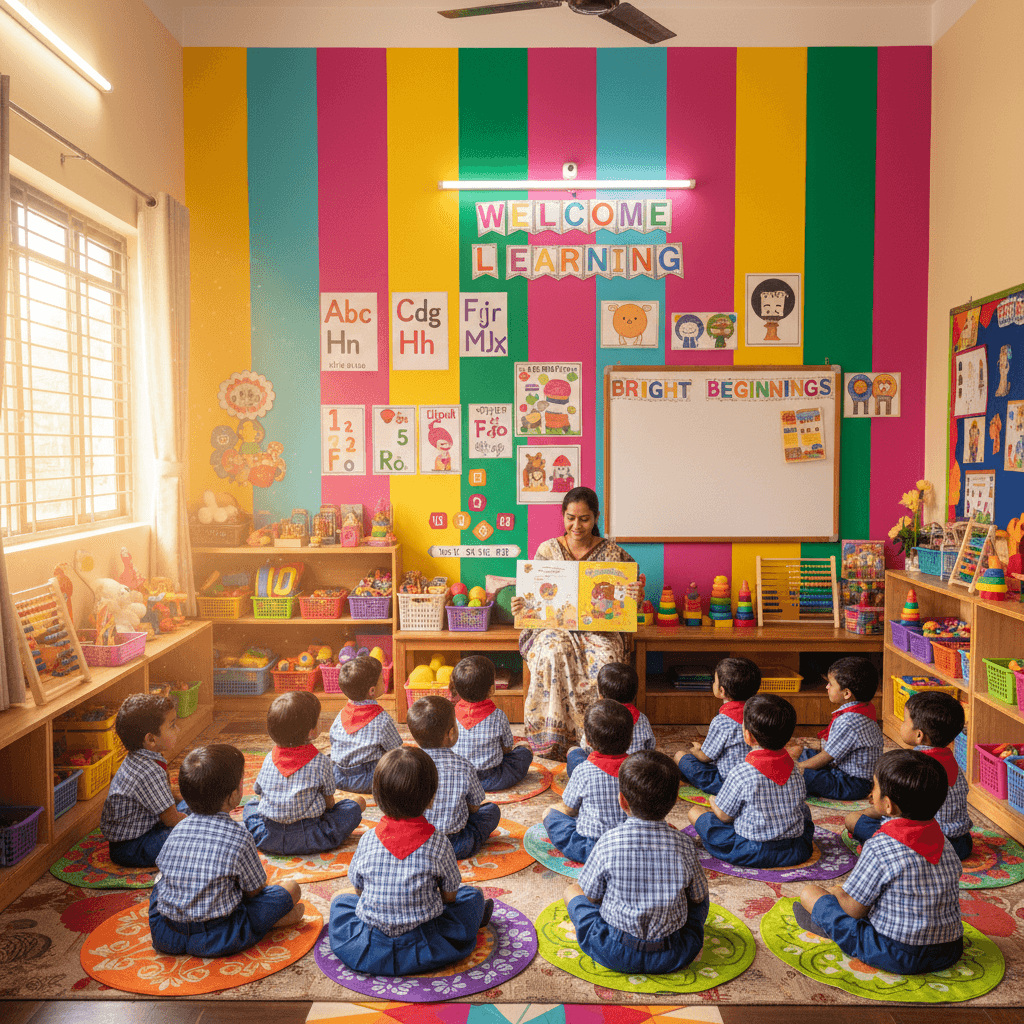 Vibrant Indian preschool classroom with children learning