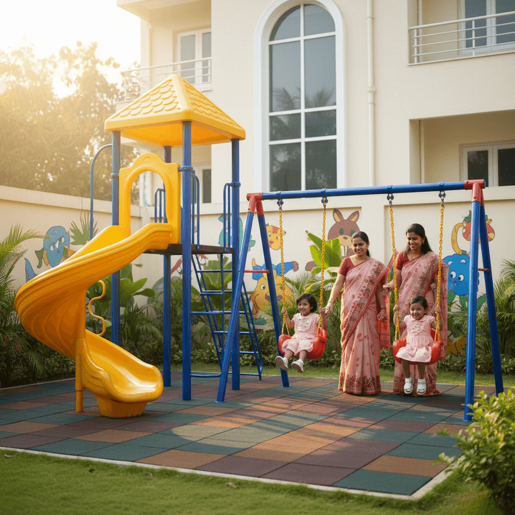 Children playing in colorful outdoor preschool playground