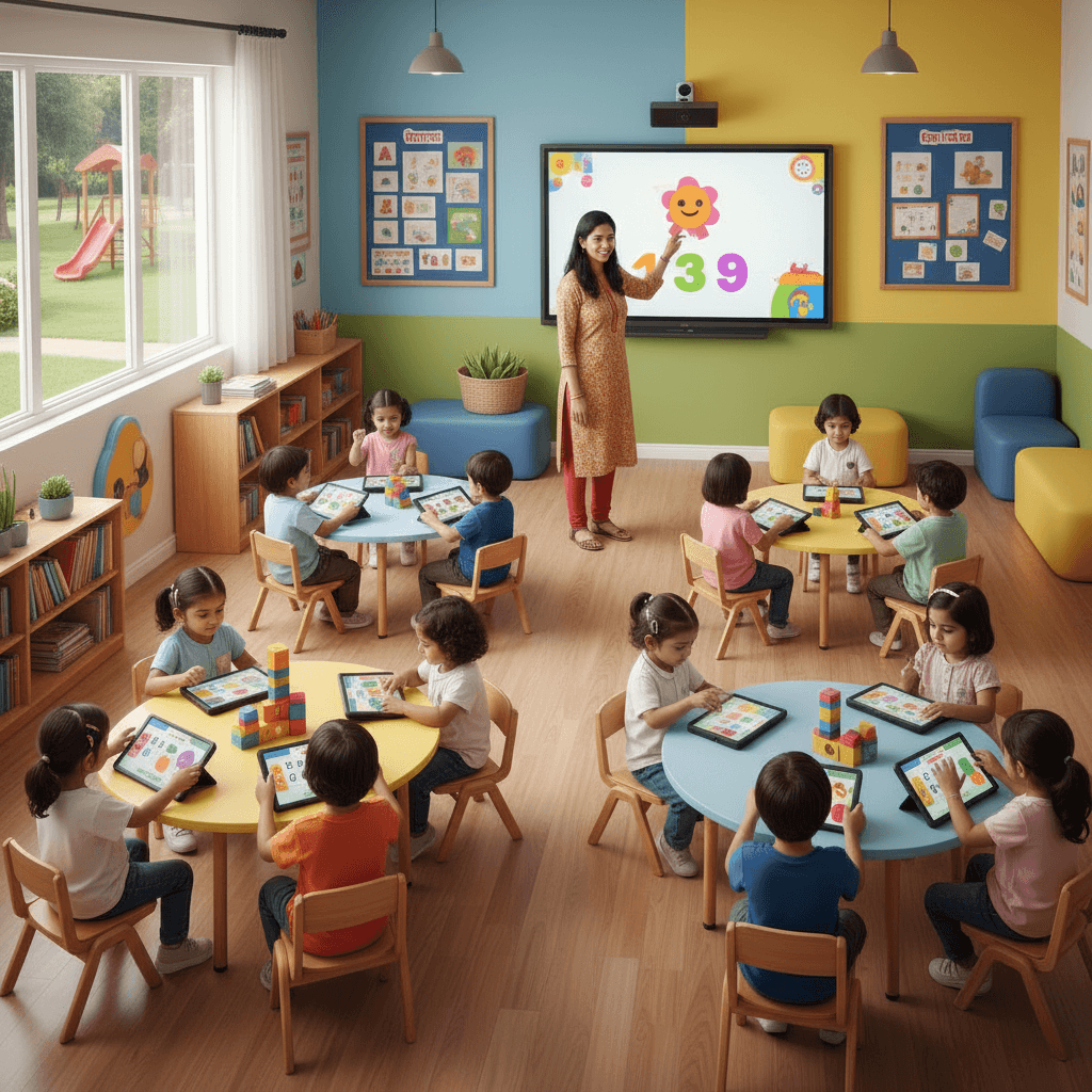 Children using technology in modern preschool classroom